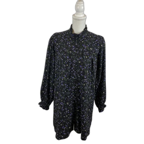 English Factory Shift Dress XS Black Purple Green White Floral Ruffle Neck - Picture 1 of 12